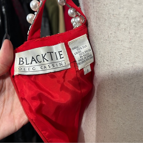 Vintage 80s Red Silk Beaded Pearl Oleg Cassini Black Tie Cocktail Dress Glam 2 - Picture 7 of 11